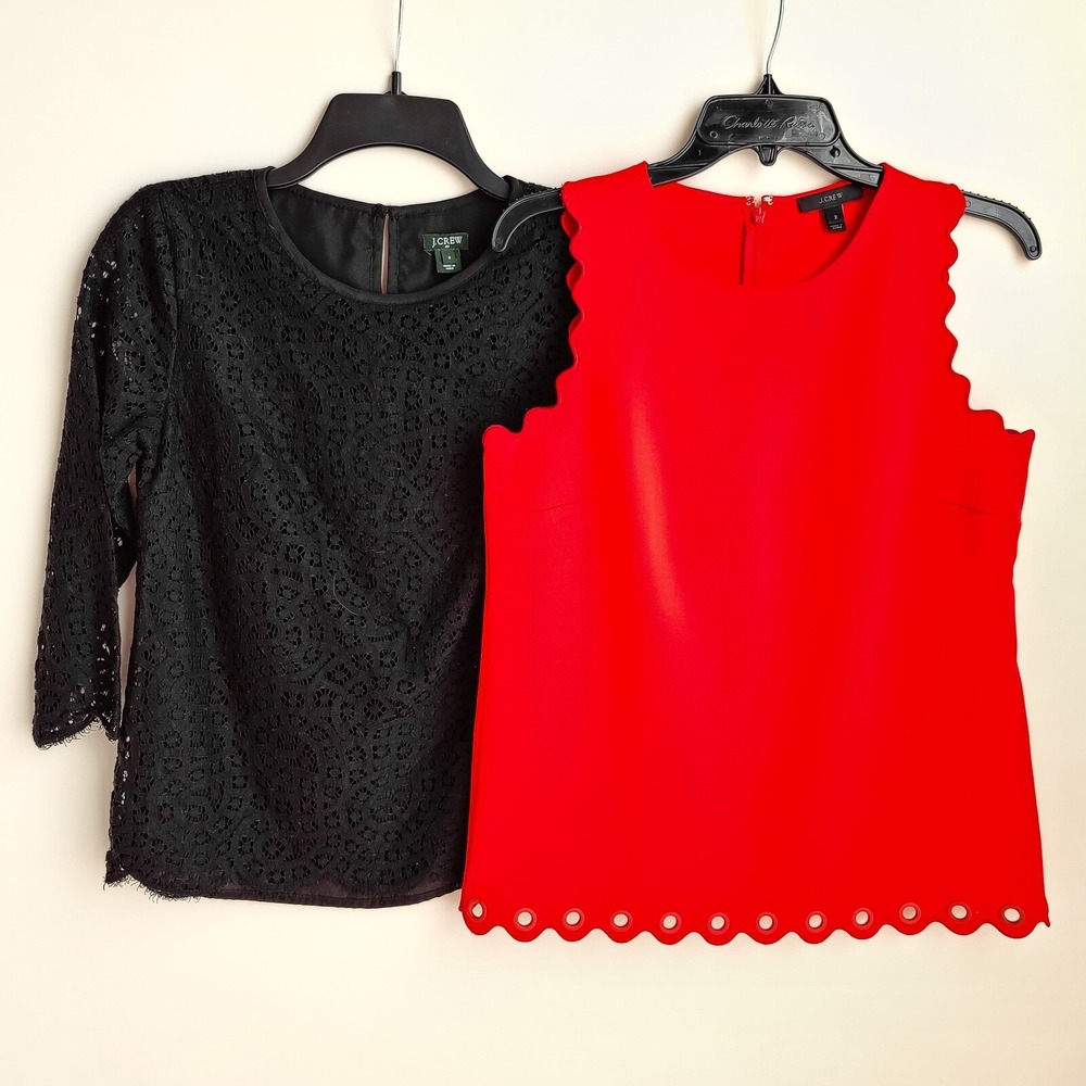 J Crew Lot Of 2 Tops Womens Size 2 Black Lace 3/4 Sleeve Red Scalloped Sleeveles